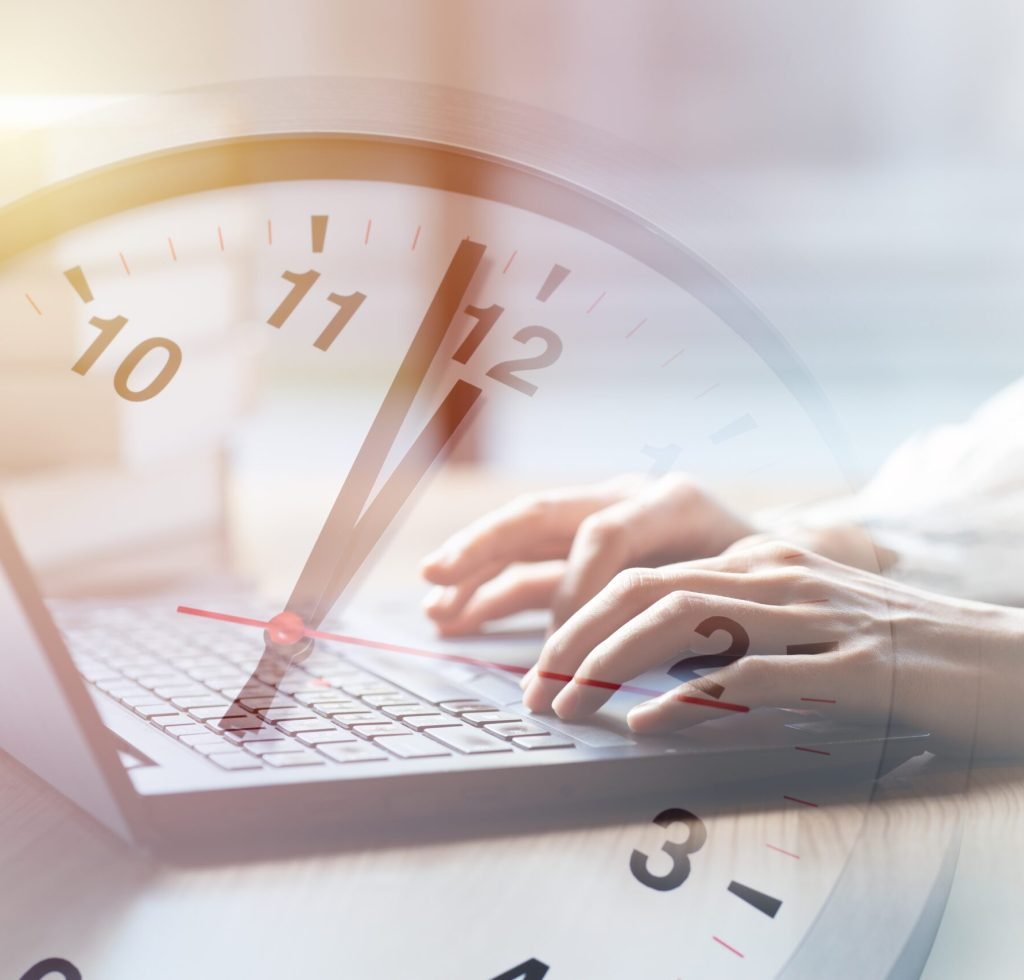 Business working times concept people work typing on laptop computer overlay with in time clock to lunch break