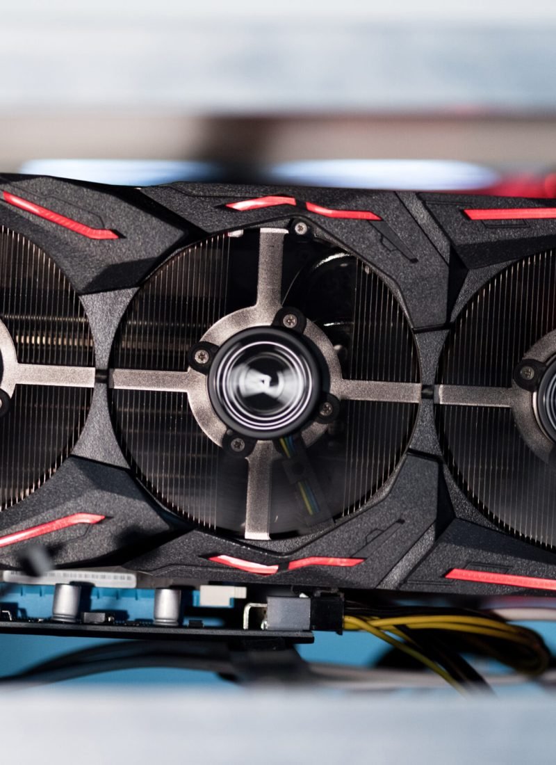 close-up shot of computer graphic card at ethereum mining farm