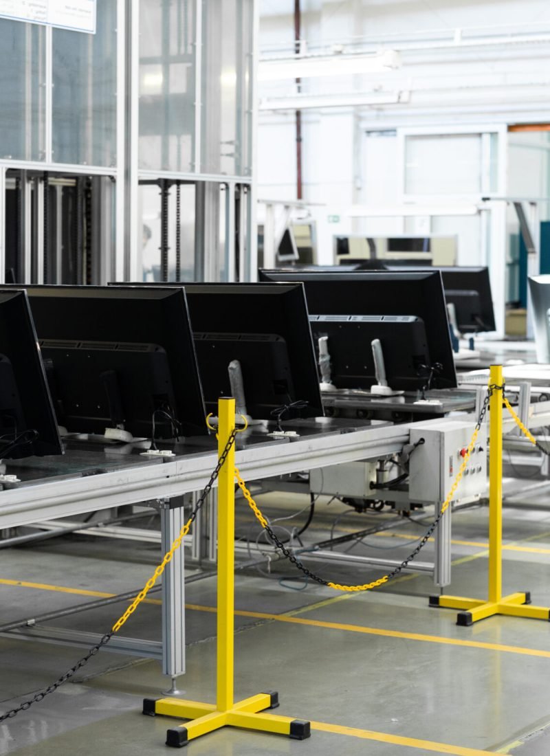 Conveyor for the production of television sets. Testing TVs in the workshop. Electronics Assembly Line