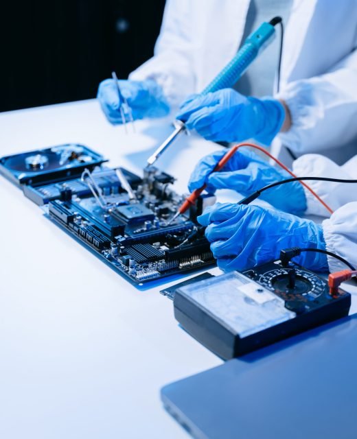 The technician is putting the CPU on the socket of the computer motherboard. electronic engineering electronic repair, electronics measuring and testing, repair